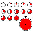 © Mahmudul - Stopwatch timer icons set. Vector clock symbols with red progress indicator showing 5-minute intervals from 0 to 60.