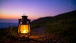 © skdesign - Vintage lantern glowing on a path during a beautiful twilight sunset