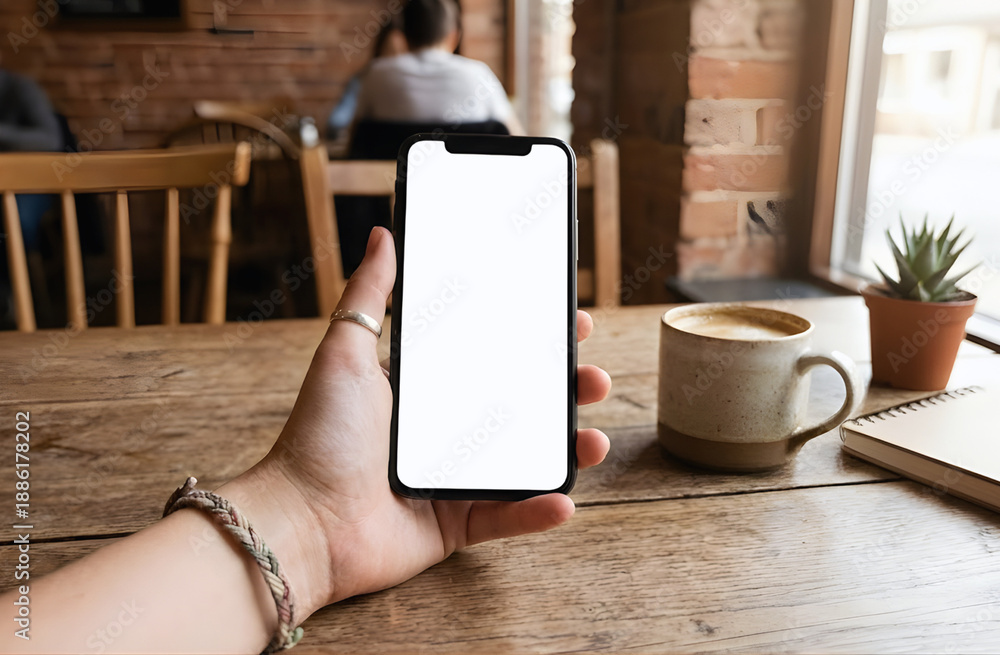 Mobile phone mockup with empty display in cozy cafe environment, coffee and work lifestyle scene