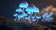 © Rhallyson - Bioluminescent mushrooms glowing with ethereal blue light in a dark, mystical forest.