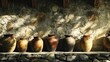 © setiyo - Row of rustic pottery lined along a stone wall, sunlight dappling the scene