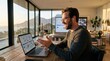© ShortFilmStock - Smiling man working remotely from home office on video call,using laptop and colorful diagram,modern remote work environment,digital collaboration concept