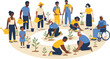 © MstTanzila - Community gardening teamwork illustration with diverse volunteers planting trees together for environmental sustainability and social cooperation vector design