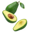 © Sarah - juicy ripe avocado cut in half, revealing its creamy flesh and brown seed, with water droplets and a leaf, isolated on black
