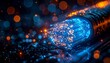 © nupixel - Close-up detail of illuminated fiber optic cable tips representing high-speed internet connectivity, global telecommunication, and fast data transfer.