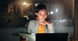 © SparkPix/peopleimages.com - Laptop, woman and thinking with tablet in office for story angle, facts comparison and article review. Night, journalist and planning with tech at publishing agency for blog headline or breaking news