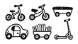 © mahmuda428 - Childhood Transport Collection: An artistic monochrome sketch of various children's vehicles, from bikes and wagons to a scooter and a charming little car.