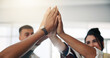 © peopleimages.com - Hands, high five and business people in office for collaboration, teamwork or support with solidarity. Celebration, partnership and group of creative editors with cheering for publishing deal.