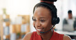 © peopleimages.com - Happy woman, consultant and office with headset for CRM, communication or online advice. Female person, agent or friendly advisor with mic for virtual assistance, help or telemarketing in call center