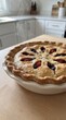 © 현욱 김 - A freshly baked berry pie with steam rising, sitting on a wooden counter in a bright kitchen.