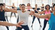 © Mariya Sorvacheva - Group of diverse women engaged in energetic fitness class, showcasing strength training and exercise routines, with vibrant atmosphere and dynamic movements promoting health and wellness