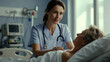 © dubogray1985 - A professional nurse in a modern medical uniform stands next to a hospital bed, gently supporting a patient