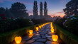 © Aries - Enchanted garden pathway at twilight, beautifully lit by an array of glowing heart-shaped lanterns, creating a romantic and serene atmosphere perfect for an evening stroll or special celebration