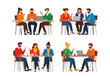 © NURUNNAHAR - Illustration of diverse people sitting at desks with laptops and tablets in a collaborative workspace setting