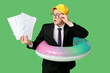 © Pixel-Shot - Office worker with inflatable ring, cap and papers dreaming about vacation on green background