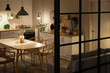 © Pixel-Shot - Interior of modern kitchen with glowing lamps, white counters, sofa and dining table at evening