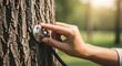 © traxx - Hand attaching device to tree trunk in serene outdoor environment with lush greenery in the background