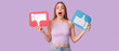 © Pixel-Shot - Beautiful young shocked woman with like and dislike icons on purple background