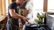 © Bounpaseuth - Cooking Steak: A fit man grilling lean steak in a pan, steam rising, wearing an apron over gym clothes.