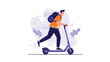 © Marufa - Young man with a backpack riding an electric scooter through a city with abstract motion lines and shapes in the background.
