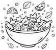 © Юлія Пархоменко - Hand-drawn black and white illustration of a fresh salad in a bowl with floating ingredients
