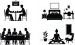 © Jamayat - Home and lifestyle silhouette scenes showing dining, family meals, bedroom interior, work desk, and meditation, black vector illustration for daily routine, wellness, and domestic life concepts
