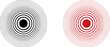 © Sevil - Abstract concentric circles design with optical illusion effect in black and red tones on a white background. Minimal geometric composition creating hypnotic radial patterns, ideal for modern posters.