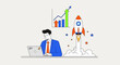 © Cilpii - Business professional working on laptop with rocket launch graph and charts floating above