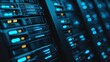 © li - rack. Close-up of glowing blue server rack lights creating an abstract technological pattern on a dark background. product launch decks.