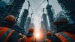 © horizon - Construction workers in orange vests and hard hats look up at towering cranes and skyscrapers during a cinematic sunset flare scene.