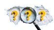 © PNG - Magnifying glass over yellow question marks on torn paper problem solving research investigation education marketing isolated on white background