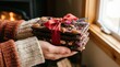 © Said - Close up of hands holding stack of homemade chocolate bark with almonds and berries tied with red ribbon.