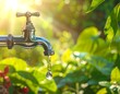 © Haza - Water Conservation - A Dripping Faucet in a Lush Garden.