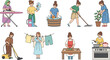 © KP Studio - Household chores and daily cleaning activities vector set with women doing home tasks isolated