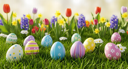  Colorful Easter eggs nestled among vibrant flowers in a lush green meadow