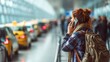 © rabbit75_fot - Vacation travel trip journey in holiday season. A woman wearing a backpack and talking on her cell phone while waiting for a taxi at an airport. The background is slightly blurred.