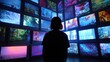 © mila103 - Silhouette of person in front of vibrant digital screens displaying various visuals.