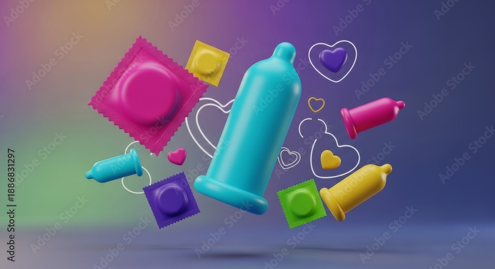 Colorful condoms and hearts for International Condom Day