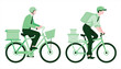 © Rahul - Eco friendly delivery man riding bicycle with delivery bag vector set. Professional delivery man riding bicycle with delivery bag . Eco friendly green courier service vector illustration design.