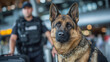 © Maksym - Close-up of a working bomb-sniffing dog and handler in a transport hub, canine nose close to luggage, handler in uniform supervising, realistic crowd in soft focus, tension and vig