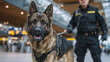 © Maksym - Explosive detection dog on duty with handler in crowded transport hub, German Shepherd scanning luggage, handler in uniform holding leash, dramatic natural lighting highlighting fu