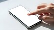 © lepiangg - Close-up of a person's hand touching a blank white screen on a modern smartphone