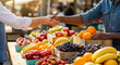 © Carina - Handshake transaction over a vibrant fresh fruit and produce display at an outdoor local farmer's market, symbolizing agreement and healthy commerce