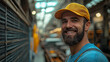 © sommersby - Confident close-up portrait of friendly, bearded factory worker wearing yellow cap and blue shirt, smiling genuinely in blurred industrial warehouse setting.