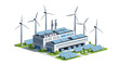 © Jangkrik - Isometric illustration of a modern factory with solar panels and wind turbines on a green landscape with a blue and white color scheme conveying a clean energy concept.