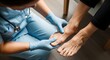 © QuiinL - Podiatrist examining a patient's foot, focusing on the toes and arch for potential issues.