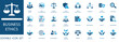 © Pixel Flat Design - Business ethics icon set. Symbols for ethics, anti-corruption, transparency, and ethical leadership in a modern flat blue style.