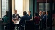© zupra - Diverse group of professionals in a modern boardroom engaged in a serious business meeting with a focused male leader at the head of the table illuminated by soft natural light