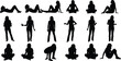 © Mahbub - Collection of black female silhouettes in various casual poses including sitting on the floor reclining and standing for lifestyle and wellness concepts