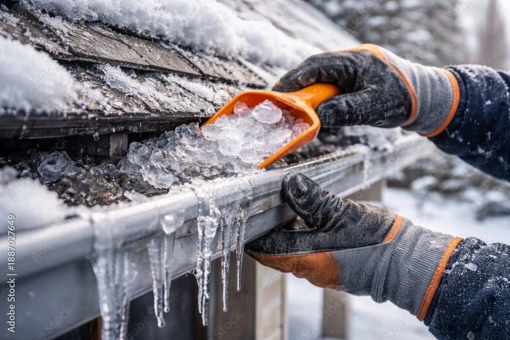 Removing Ice from a Frozen Gutter in Winter